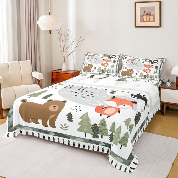 Homewish Cartoon Bear Fox Bed Sheets,Jungle Animal Deer King Sheets,White Green Brown Sheet Set For Boys Girls,Luxury Bedroom Decor,4pcs