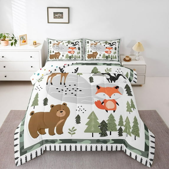 Homewish Cartoon Bear Fox Queen Comforter Set,Jungle Animal Deer Bedding Sets,White Green Brown Bedding Comforter Set For Boys Girls,Luxury Bedroom Decor Reversible,3 Pieces