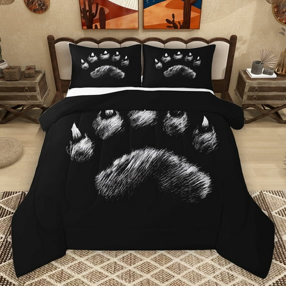 Homewish Cartoon Bear Print Queen Comforter Set,Woodland Animal Bedding Sets,Black White Bedding Comforter Set For Kids,Ultra Soft Home Decor Reversible,3-Piece