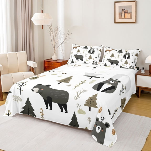 Homewish Cartoon Bear Print Twin Sheet Sets for Kids, Jungle Pine Tree Twin Fitted Sheet, Kawaii Wildlife Flat Sheet, Ultra Soft Bedroom Decor, 3-Piece