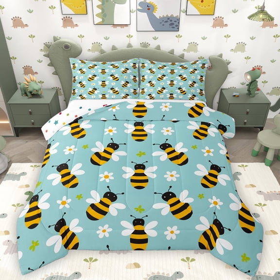 Homewish Cartoon Bee Bedding Comforter Set 2pcs for Kids Children,Chic Floral Daisy Twin Comforter Sets Microfiber,Spring Garden Breathable Bedding Set,Lightweight Room Decor,Reversible