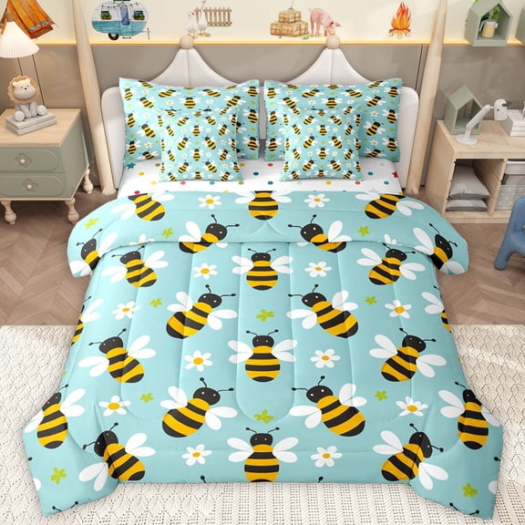 Homewish Cartoon Bee 7-Piece Twin Bedding Set - Floral Daisy Spring Garden