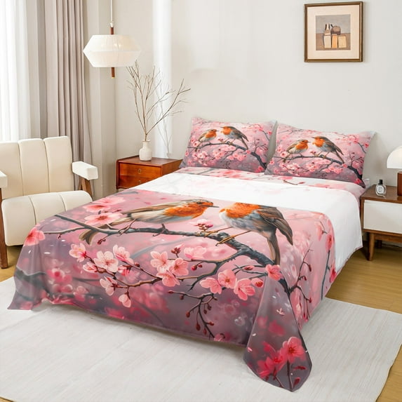 Homewish Cartoon Bird Sakura Full Size Sheets,Japan Cherry Blossom Bed Sheets,Pink Flower Sheet Sets For Girl Teens,Ultra Soft Home Decor,4-Piece