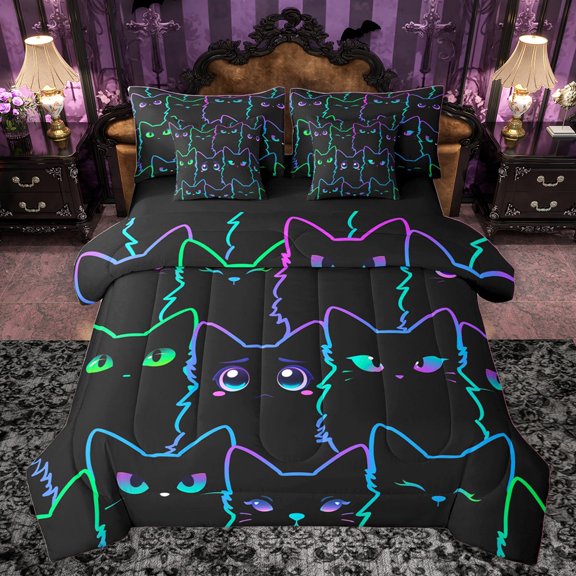 Homewish Cartoon Black Cat Twin Bedding Sets 7-Piece for Preppy Children Teens,Kawaii Pet Animal Bedding Comforter Set Microfiber,Abstract Gradient Breathable Sheet Sets,Breathable Home Decor