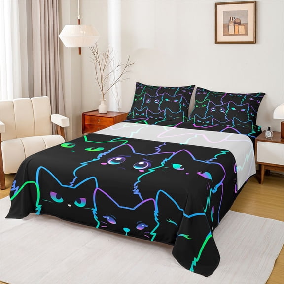 Homewish Cartoon Black Cat Twin Sheet Sets 3pcs for Preppy Children Teens,Kawaii Pet Animal Twin Fitted Sheet Microfiber,Abstract Gradient Breathable Flat Sheet,Breathable Home Decor