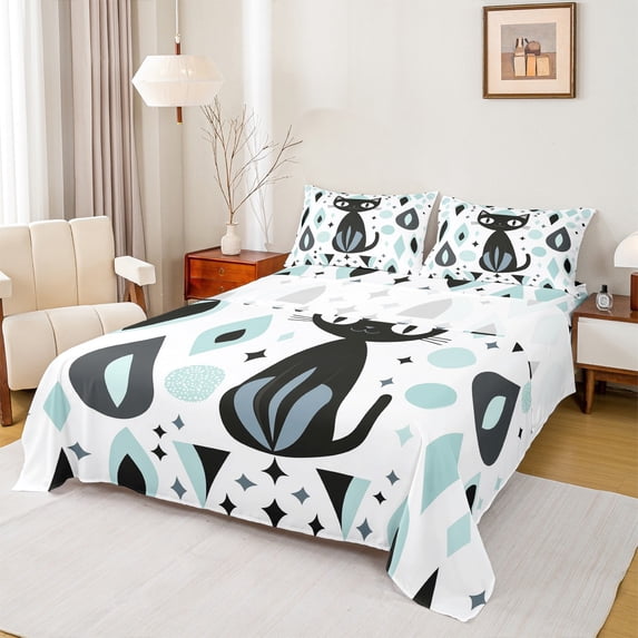 Homewish Cartoon Black Cats 4 Pieces Queen Sheet Sets for Kids Teens,Kawaii Animal Ultra Soft Flat Sheet,Abstract Geometric Queen Fitted Sheet,Super Cozy Room Decor