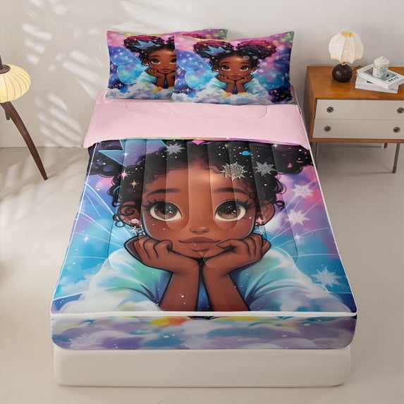 Homewish Cartoon Black Girls Zipper Full Size Comforter Sets with Fitted Sheet and 2 Pillowcases,Rainbow Galaxy Starry Night Zipper Bedding Set For Kids Teens,Pink Reversible,4-Piece