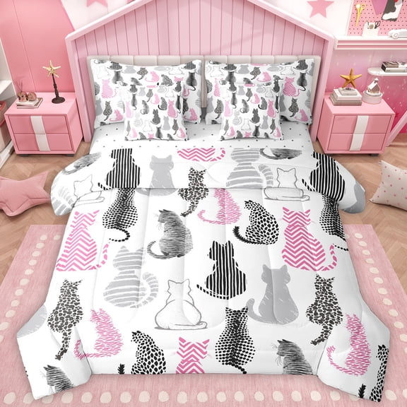 Homewish Cartoon Black Pink Cat Twin Bedding Sets 7-Piece, Chic Abstract Stripes Bedding Comforter Set, Simple Fashion Artwork Sheet Sets, Lightweight Room Decor