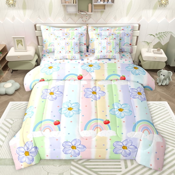 Homewish Cartoon Blossoms Floral Twin Bedding Sets 7-Piece for Kid, Dreamy Rainbow Bedding Comforter Set, Colorful Stripes Lines Reversible Sheet Sets, Microfiber Bedroom Decor
