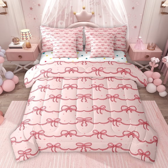 Homewish Cartoon Blue Bowknot Boy Girl Bedding Comforter Set 7 Pieces,Polka Dots Full Bedding Set Lightweight,Abstract Geometric Stripes Fitted Sheet Flat Sheet,Super Cozy Room Decor,Reversible