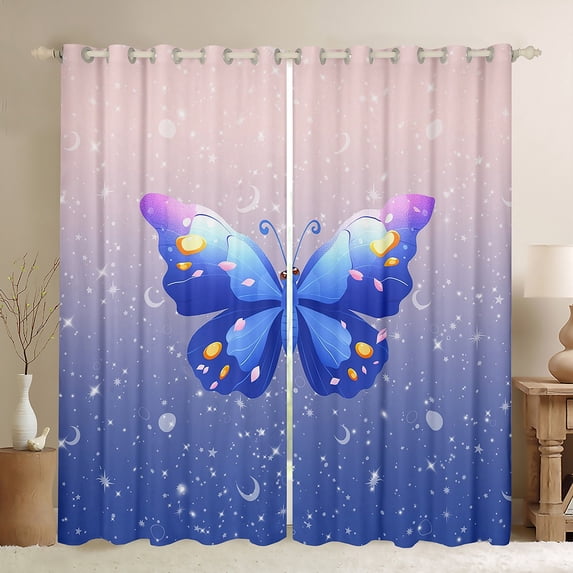 Homewish Cartoon Blue Butterfly Black Out Curtains, Dreamy Stars Galaxy Moon Curtains Pack of 2 (42x63 Each), Kawaii Animal Bedroom Curtains, Window Curtains Home Decor