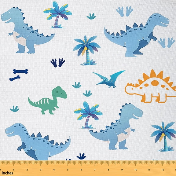 Homewish Cartoon Blue Dinosaur Fabric by the Yard 1 Yard, Kawaii Cute Animal Room Decor Fabric by the Yard, Coconut Plant Botanical Sewing Fabric, Lightweight Room Decor