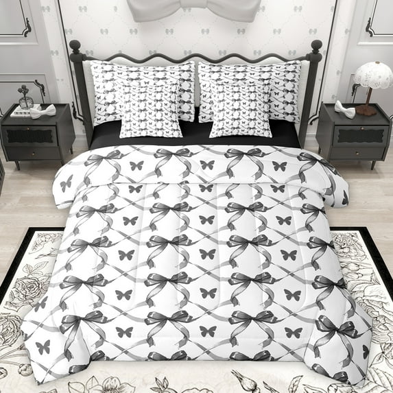 Homewish Cartoon Blue Ribbon Bedding Comforter Set 7pcs, Dreamy Butterfly Animal Queen Bedding Sets, Teen Kid Girl Women Reversible Queen Sheet Sets, Lightweight Room Decor