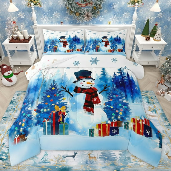 Homewish Cartoon Blue Snowman Full Size Comforter Sets, Art Watercolor Xmas Tree Bedding Comforter Set, Santa Claus Gift Reversible Bedding Sets, Microfiber Bedroom Decor, 3 Pieces