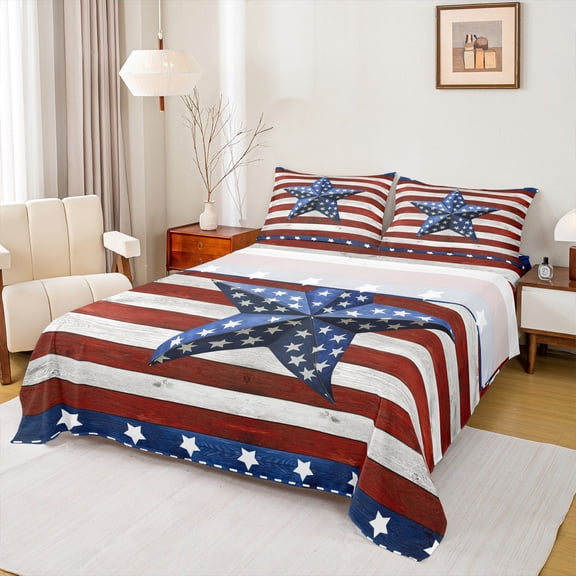 Homewish Cartoon Blue Stars Twin Sheet Sets for Kids, Red Stripes Line Twin Fitted Sheet, Vintage American Flag Flat Sheet, Super Cozy Room Decor, 3 Pieces