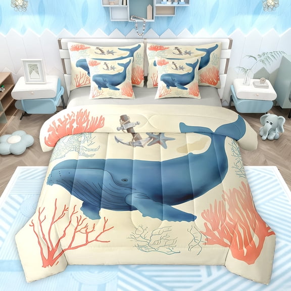 Homewish Cartoon Blue Whale Bedding Comforter Set 7pcs for Teen, Kawaii Ocean Animal Queen Bedding Sets, Marine Coral Sealife Reversible Queen Sheet Sets, Lightweight Room Decor