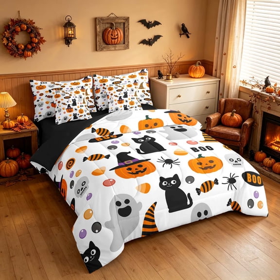 Homewish Cartoon Boo Pumpkin Full Size Bedding Sets, Halloween Spooky Cat Witch Hat Full Size Bed in a Bag, White Orange, Black Reversible 7pcs