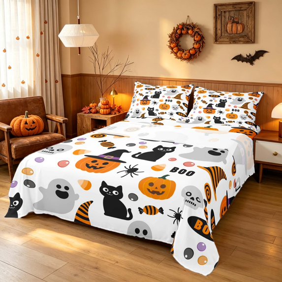 Homewish Cartoon Boo Pumpkin Queen Sheets, Halloween Spooky Cat Witch Hat Queen Sheet Sets, White Orange, 4pcs (1 Flat Sheet, 1 Fitted Sheet and 2 Pillowcases)