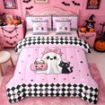 thumbnail image 1 of Homewish Cartoon Bow Ghost Cat Twin Bedding, Sugar Halloween Pumpkin Bedding Comforter Set, Pink Reversible, 7pcs, 1 of 7