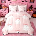 thumbnail image 1 of Homewish Cartoon Bow Ghost Twin Bedding, Halloween Skull Ribbon Bedding Comforter Set, Pink Reversible, 7-Piece, 1 of 7