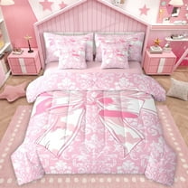 Homewish Cartoon Bow Knot 7-Piece Twin Bedding Sets,Retro Damask Print Bedding Comforter Set,Pink White Sheet Sets For Kids,Breathable Home Decor Reversible