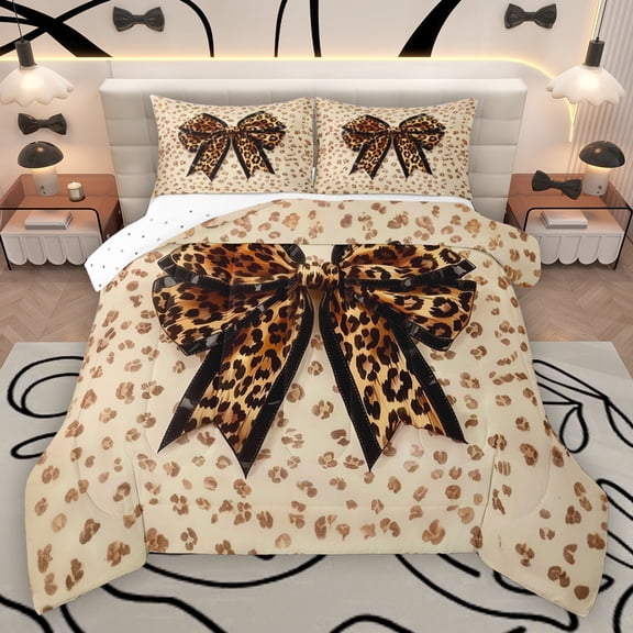 Homewish Cartoon Bow Knot Bedding Comforter Set,Leopard Print Bowtie Twin Comforter Sets,Brown Black Bedding Set For Kids,Breathable Home Decor Reversible,2pcs