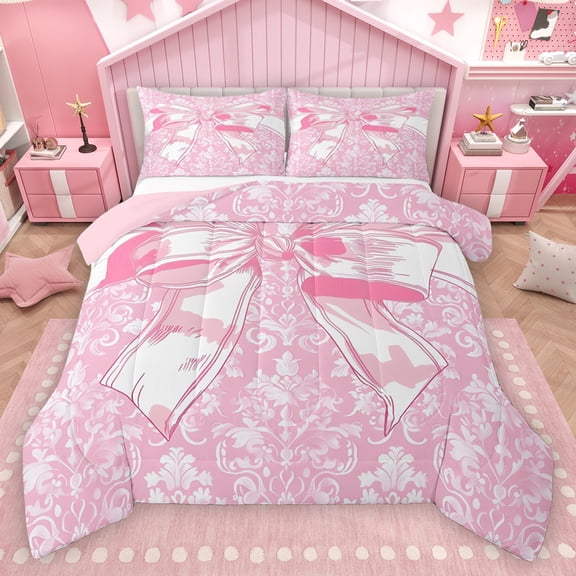 Homewish Cartoon Bow Knot Bedding Comforter Set,Retro Damask Print Twin Comforter Sets,Pink White Bedding Set For Kids,Breathable Home Decor Reversible,2pcs