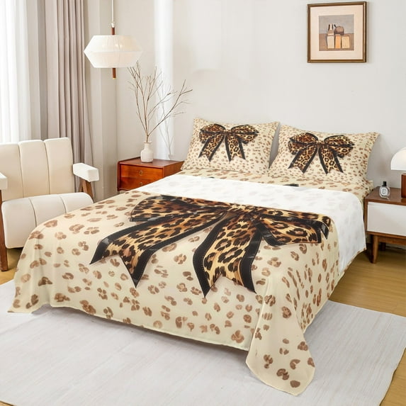 Homewish Cartoon Bow Knot Full Size Sheets,Leopard Print Bowtie Bed Sheets,Brown Black Sheet Sets For Kids,Breathable Home Decor,4-Piece