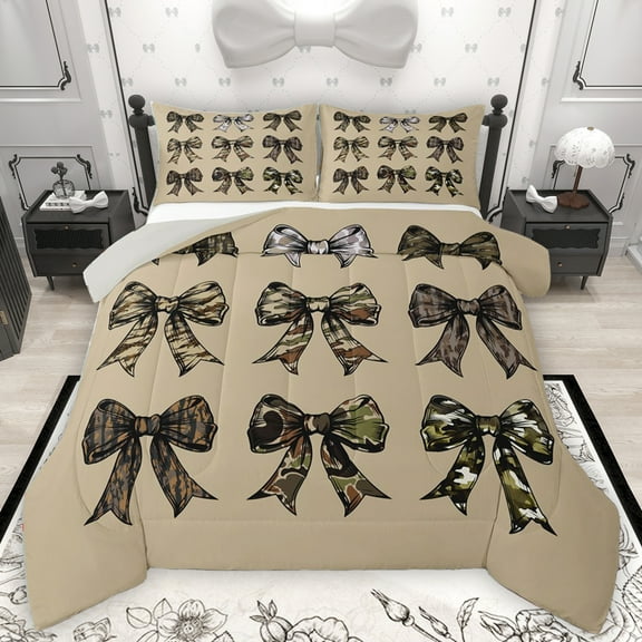 Homewish Cartoon Bow Knot Queen Comforter Set,Vintage Camo Pattern Bedding Sets,Green Brown Bedding Comforter Set For Boys Girls,Breathable Home Decor Reversible,3pcs