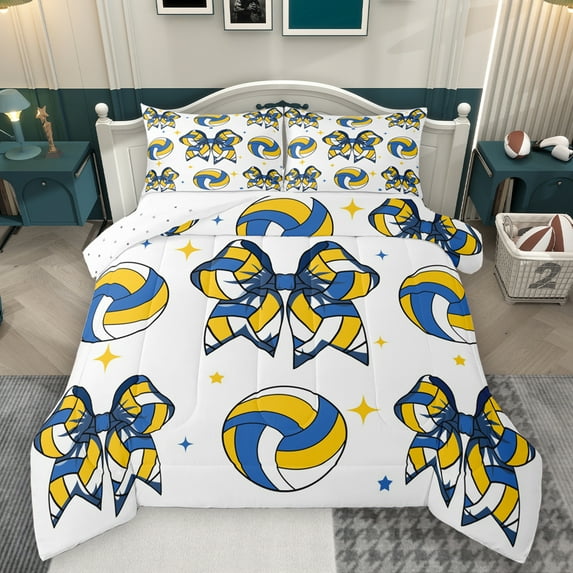 Homewish Cartoon Bow Tie Full Size Comforter Sets,Volleyball Sport Game Bedding Comforter Set,White Blue Yellow Bedding Sets For Teens,Luxury Bedroom Decor Reversible,3 Pieces