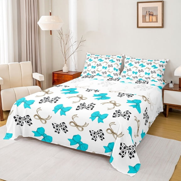 Homewish Cartoon Bow Tie Twin Sheet Sets 3pcs for Teens Boys Girls,Blue Grey Twin Fitted Sheet Microfiber,Cow Print Breathable Flat Sheet,Breathable Home Decor