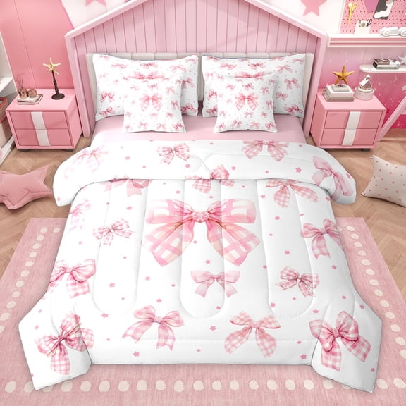 Homewish Cartoon Bowknot 7-Piece Twin Bedding Sets,Stars Polka Dots Bedding Comforter Set,Bowtie Bow Ribbon Sheet Sets For Girls,Microfiber Bedroom Decor Reversible