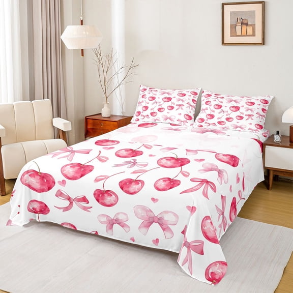 Homewish Cartoon Bowknot Bow Queen Sheet Sets for Girl, Cherry Fruit Flat Sheet, Pink Watercolor Art Queen Fitted Sheet, Lightweight Room Decor, 4pcs