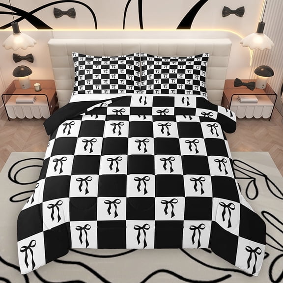 Homewish Cartoon Bowknot Child Queen Comforter Set, Black White Checkered Bedding Sets, Chic Buffalo Plaid Reversible Bedding Comforter Set, Lightweight Room Decor, 3 Pieces