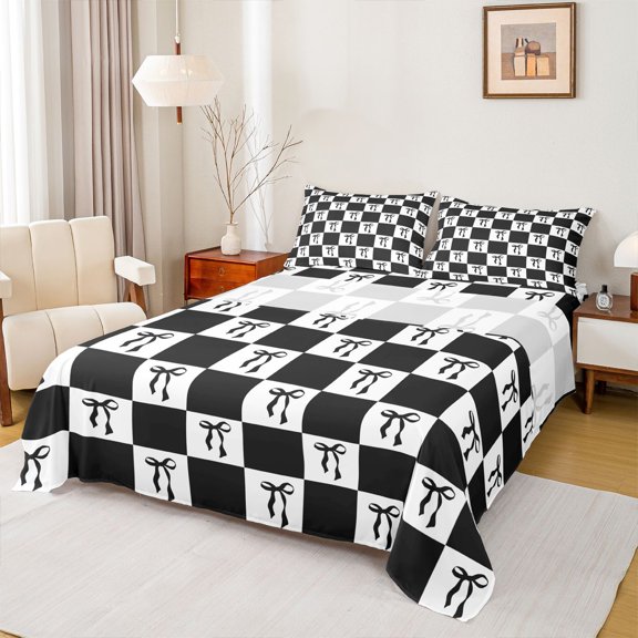 Homewish Cartoon Bowknot Child Queen Sheet Sets, Black White Checkered Flat Sheet, Chic Buffalo Plaid Queen Fitted Sheet, Lightweight Room Decor, 4 Pieces