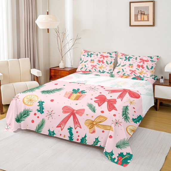 Homewish Cartoon Bowknot Full Size Sheets 4-Piece for Kids Children Teens,Happy New Year Breathable Bed Sheets,Merry Christmas Xmas Lightweight Sheet Sets,Microfiber Bedroom Decor