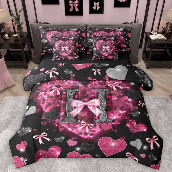 Homewish Cartoon Bowknot Letter H Bedding Comforter Set, Romantic Bling Love Heart King Bedding Sets, Black Pink Valentine's Day Reversible Bed Sheets, Microfiber Bedroom Decor