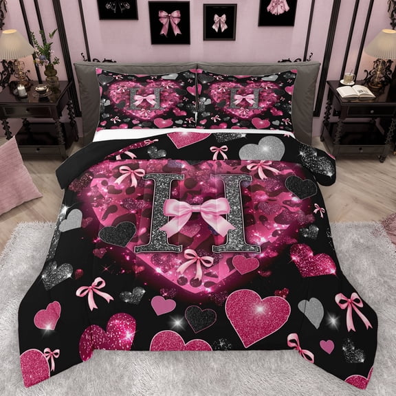 Homewish Cartoon Bowknot Letter H Queen Comforter Set, Romantic Bling Love Heart Bedding Sets, Black Pink Valentine's Day Reversible Bedding Comforter Set, Microfiber Bedroom Decor, 3-Piece