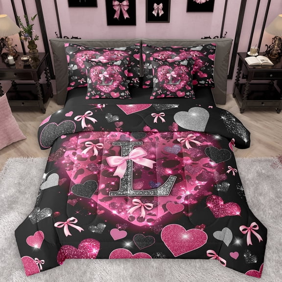 Homewish Cartoon Bowknot Letter L Twin Bedding Sets 7-Piece, Romantic Bling Love Heart Bedding Comforter Set, Black Pink Valentine's Day Reversible Sheet Sets, Ultra Soft Bedroom Decor