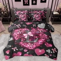 Homewish Cartoon Bowknot Letter L Twin Bedding Sets 7-Piece, Romantic Bling Love Heart Bedding Comforter Set, Black Pink Valentine's Day Reversible Sheet Sets, Ultra Soft Bedroom Decor