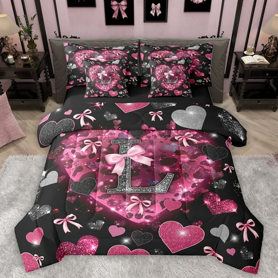 Homewish Cartoon Bowknot Letter L Twin Bedding Sets 7-Piece, Romantic Bling Love Heart Bedding Comforter Set, Black Pink Valentine's Day Reversible Sheet Sets, Ultra Soft Bedroom Decor