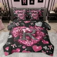 thumbnail image 1 of Homewish Cartoon Bowknot Letter R Bedding Comforter Set 7 Pieces, Romantic Bling Love Heart Full Bedding Set, Black Pink Valentine's Day Reversible Fitted Sheet Flat Sheet, Ultra Soft Bedroom Decor, 1 of 7