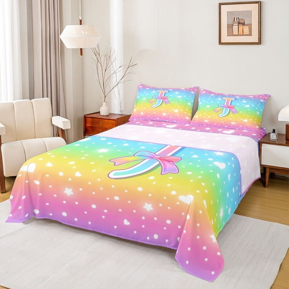 Homewish Cartoon Bowknot Monogrammed Bed Sheets, Initial J Letter King Sheets, Glitter Stars Rainbow Sheet Set, Microfiber Bedroom Decor, 4-Piece