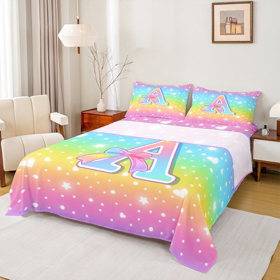 Homewish Cartoon Bowknot Monogrammed Twin Sheet Sets, Initial A Letter Twin Fitted Sheet, Glitter Stars Rainbow Flat Sheet, Microfiber Bedroom Decor, 3-Piece