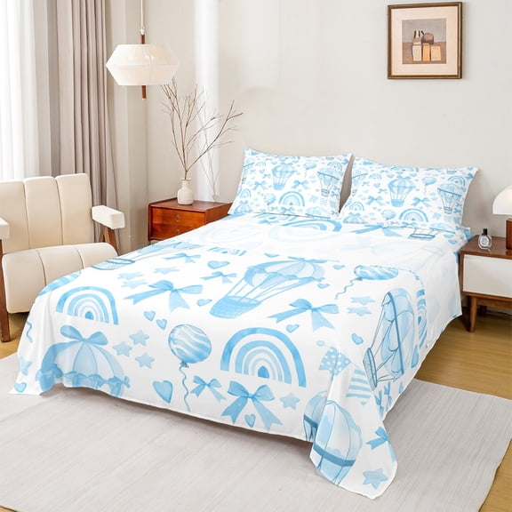 Homewish Cartoon Bowknot Rainbow Kawaii Stars Print Dreamy Princess 4-Piece Full Size Sheet Set for Girls, Lightweight Room Decor