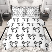 Homewish Cartoon Bowknot Ribbon 7-Piece Twin Bedding Sets,Cute Bowtie Bow Bedding Comforter Set,White Black Sheet Sets For Kids,Breathable Home Decor Reversible
