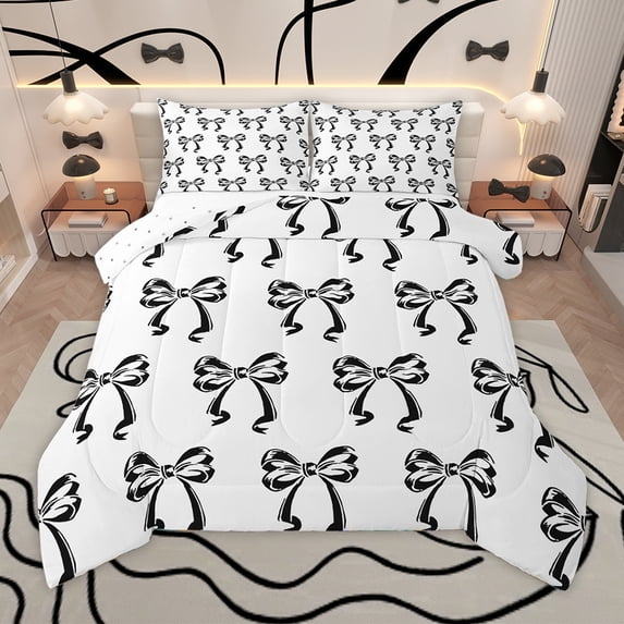 Homewish Cartoon Bowknot Ribbon Queen Comforter Set,Cute Bowtie Bow Bedding Sets,White Black Bedding Comforter Set For Kids,Breathable Home Decor Reversible,3 Pieces