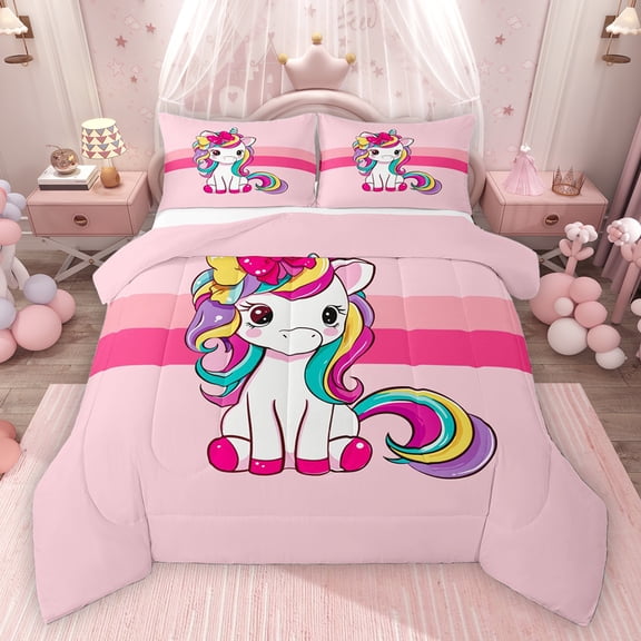 Homewish Cartoon Bowknot Unicorn 3 Pieces Queen Comforter Set for Preppy Child,Geometric Stripes Ultra Soft Bedding Sets,Dreamy Princess Animal Bedding Comforter Set Breathable