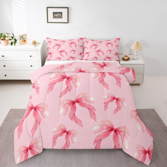 Homewish Cartoon Bowtie Bowknot Bedding Comforter Set,Cute Ribbon Bow Twin Comforter Sets,Princess Pink Bedding Set For Girl Teens,Luxury Bedroom Decor Reversible,2pcs