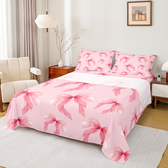 Homewish Cartoon Bowtie Bowknot Full Size Sheets,Cute Ribbon Bow Bed Sheets,Princess Pink Sheet Sets For Girl Teens,Luxury Bedroom Decor,4-Piece